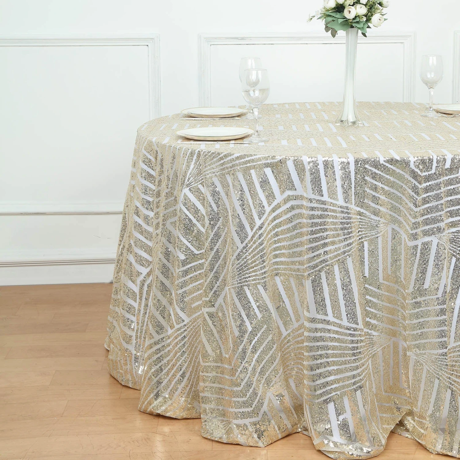 120" Tulle Round Tablecloth With Sequins And Geometric Pattern 15 120" Tulle Round Tablecloth With Sequins And Geometric Pattern - Image 13