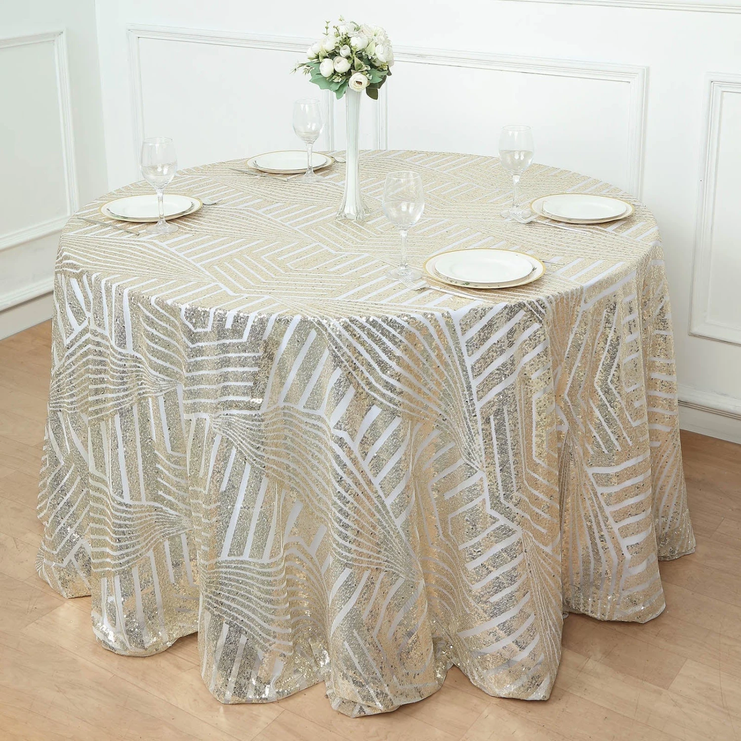 120" Tulle Round Tablecloth With Sequins And Geometric Pattern 17 120" Tulle Round Tablecloth With Sequins And Geometric Pattern - Image 15