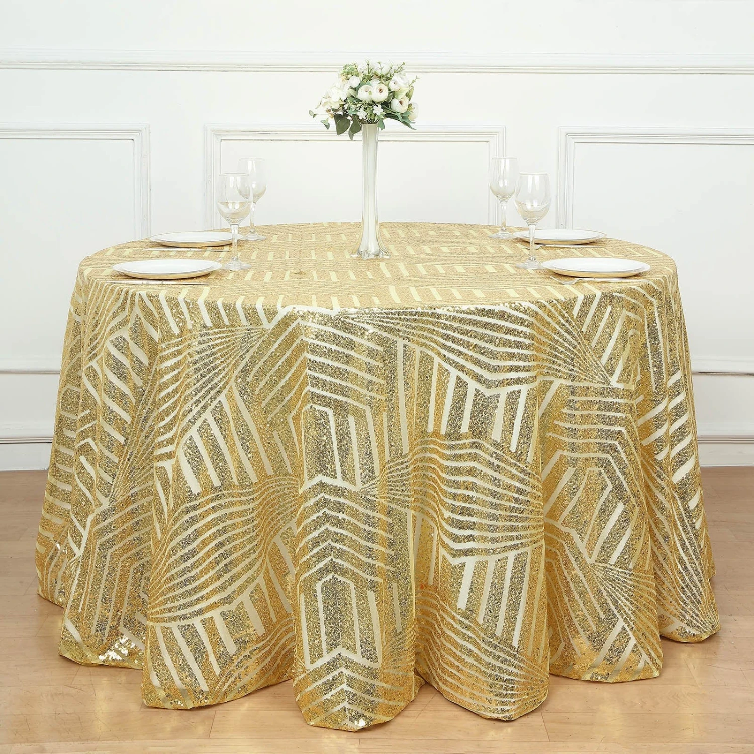 120" Tulle Round Tablecloth With Sequins And Geometric Pattern 22 120" Tulle Round Tablecloth With Sequins And Geometric Pattern - Image 20