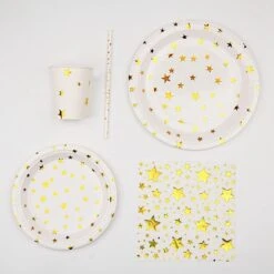 120 White With Gold Stars Paper Tableware Set Disposable Party Supplies