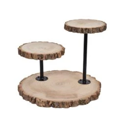 14" Tall 3 Tier Round Natural Wooden Cupcake Dessert Stand - Brown With Black