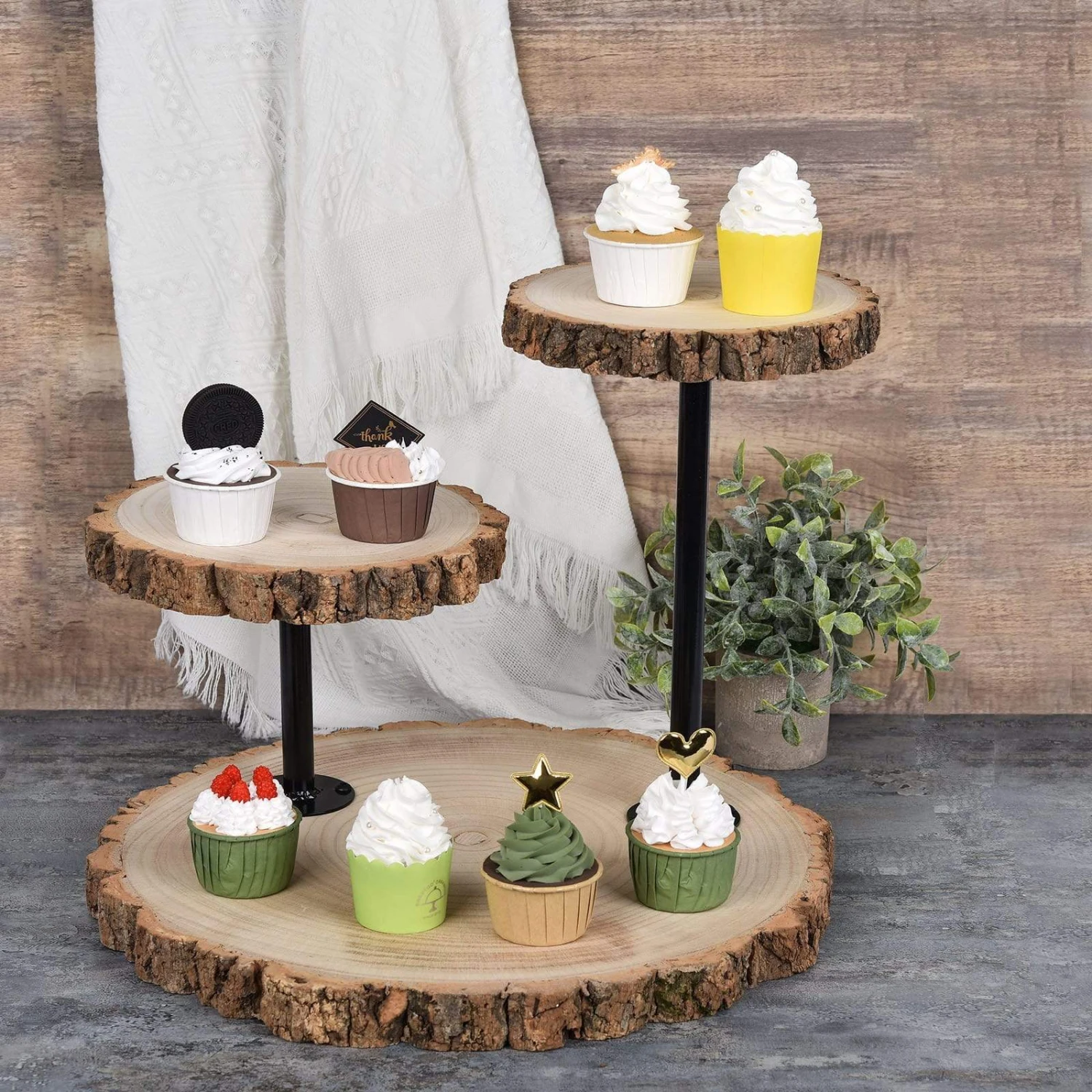 14" Tall 3 Tier Round Natural Wooden Cupcake Dessert Stand - Brown With Black 11 14" Tall 3 Tier Round Natural Wooden Cupcake Dessert Stand - Brown With Black - Image 9