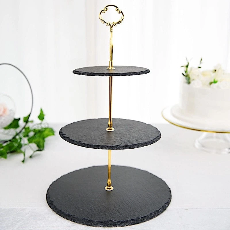 15" Tall 3 Tier Dessert Stand Round Stone Plates Cupcake Holder - Black With Gold 6 15" Tall 3 Tier Dessert Stand Round Stone Plates Cupcake Holder - Black With Gold - Image 4