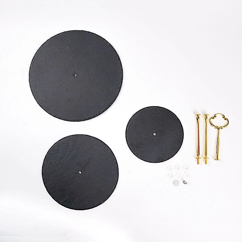15" Tall 3 Tier Dessert Stand Round Stone Plates Cupcake Holder - Black With Gold 5 15" Tall 3 Tier Dessert Stand Round Stone Plates Cupcake Holder - Black With Gold - Image 3