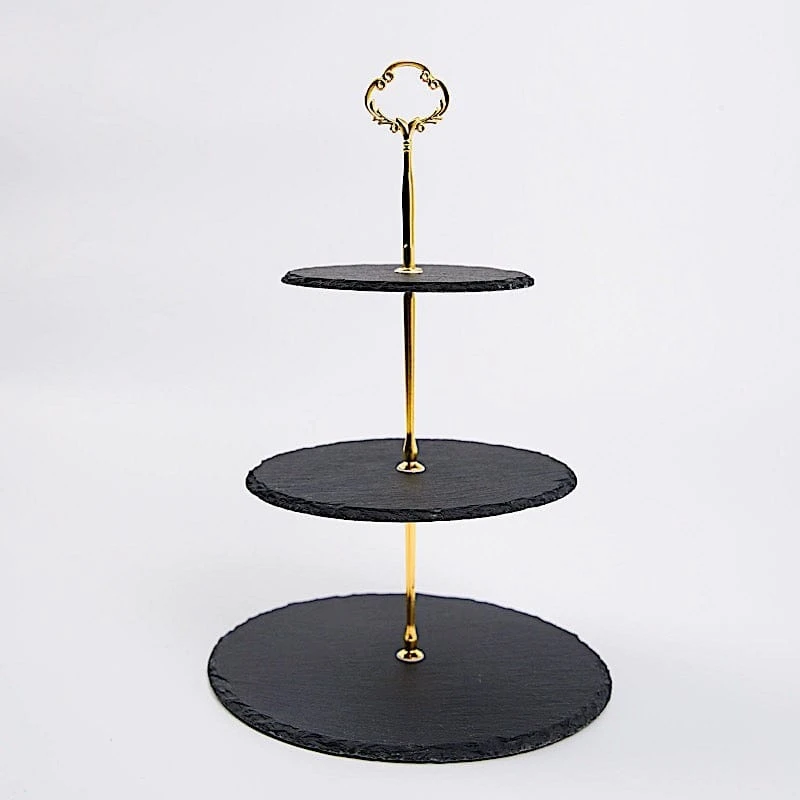 15" Tall 3 Tier Dessert Stand Round Stone Plates Cupcake Holder - Black With Gold 3 15" Tall 3 Tier Dessert Stand Round Stone Plates Cupcake Holder - Black With Gold