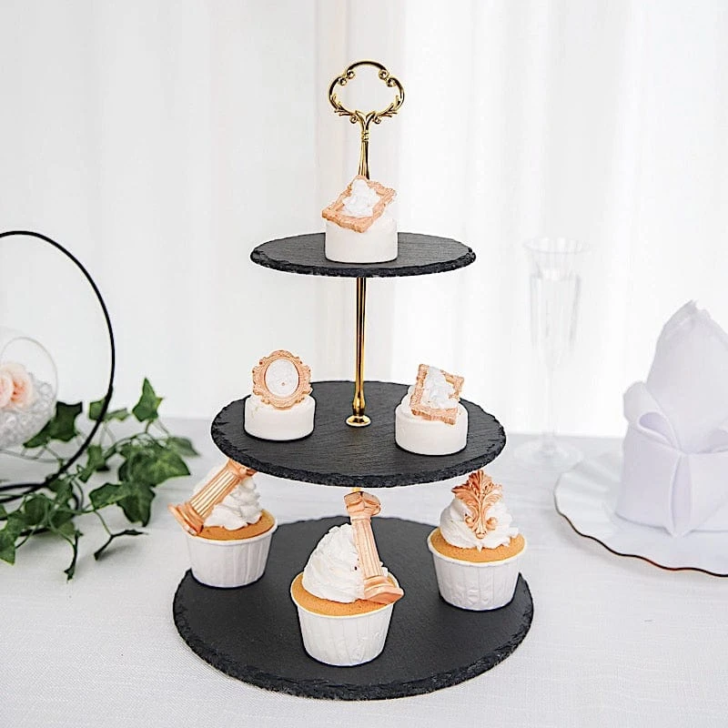 15" Tall 3 Tier Dessert Stand Round Stone Plates Cupcake Holder - Black With Gold 10 15" Tall 3 Tier Dessert Stand Round Stone Plates Cupcake Holder - Black With Gold - Image 8