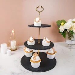 15" Tall 3 Tier Dessert Stand Round Stone Plates Cupcake Holder - Black With Gold 17 15" Tall 3 Tier Dessert Stand Round Stone Plates Cupcake Holder - Black With Gold -Optimal Home Decoration 15 tall 3 tier stone dessert stand round cupcake holder black with gold cake stne r001 3 blk 29125788172351