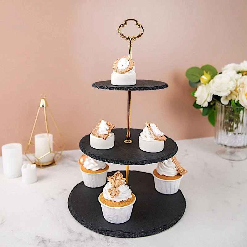 15" Tall 3 Tier Dessert Stand Round Stone Plates Cupcake Holder - Black With Gold 9 15" Tall 3 Tier Dessert Stand Round Stone Plates Cupcake Holder - Black With Gold - Image 7