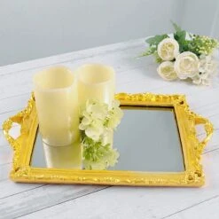 15"x10" Metallic Rectangular Mirror Serving Tray With Handles 26 15"x10" Metallic Rectangular Mirror Serving Tray With Handles -Optimal Home Decoration 15 x10 metallic rectangular mirrored vanity serving tray chrg tray011 16 gold 29178699153471