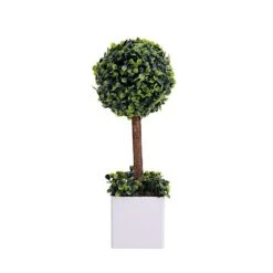 16" Tall Plastic Planter Pot With Artificial Boxwood Topiary Ball Tree - White And Green