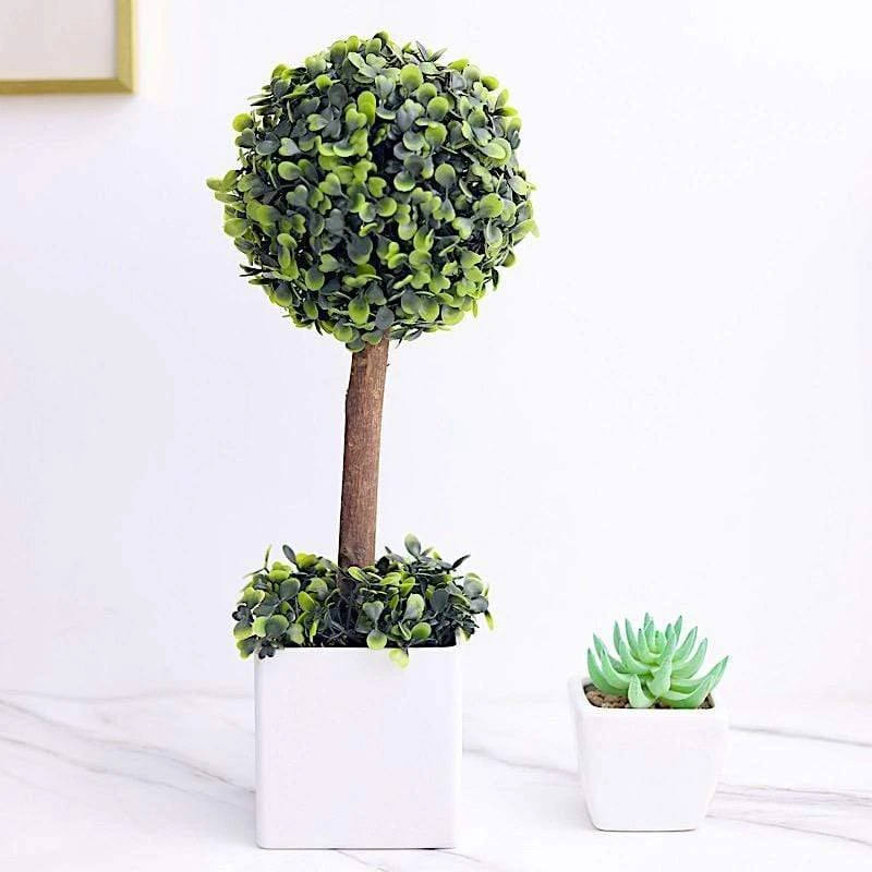 16" Tall Plastic Planter Pot With Artificial Boxwood Topiary Ball Tree - White And Green 5 16" Tall Plastic Planter Pot With Artificial Boxwood Topiary Ball Tree - White And Green - Image 3
