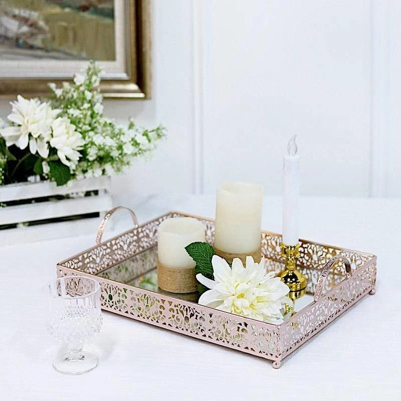 16"x12" Metal Rectangular Fleur De Lis Rim Mirror Serving Tray 6 16"x12" Metal Rectangular Fleur De Lis Rim Mirror Serving Tray - Image 4