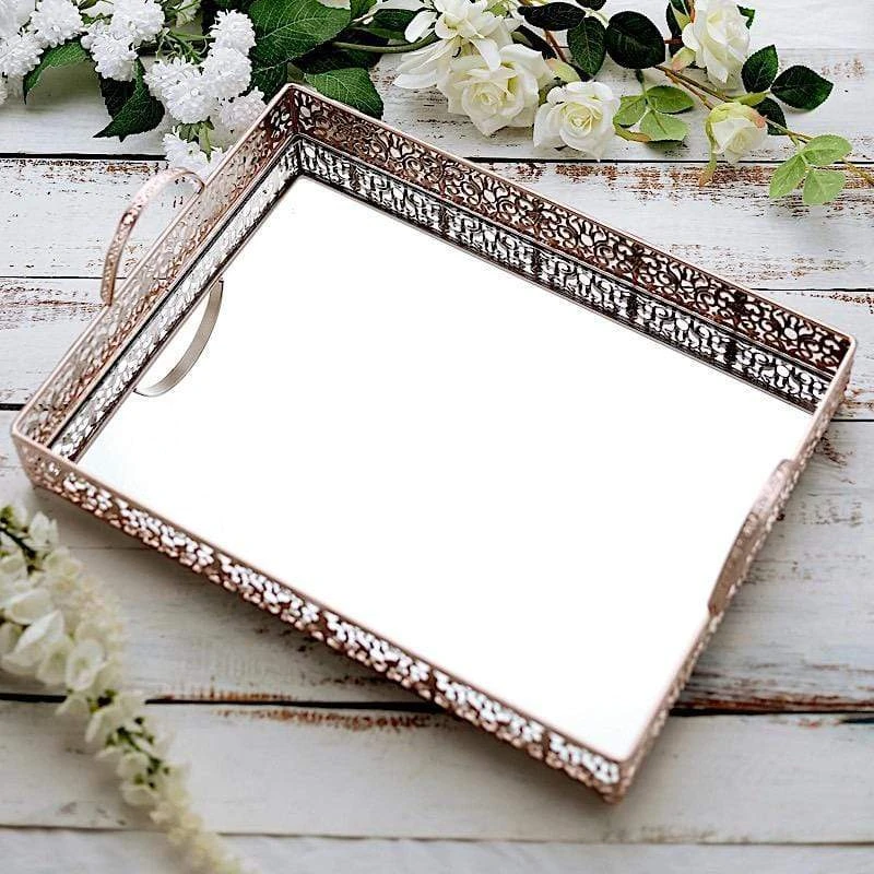 16"x12" Metal Rectangular Fleur De Lis Rim Mirror Serving Tray 9 16"x12" Metal Rectangular Fleur De Lis Rim Mirror Serving Tray - Image 7