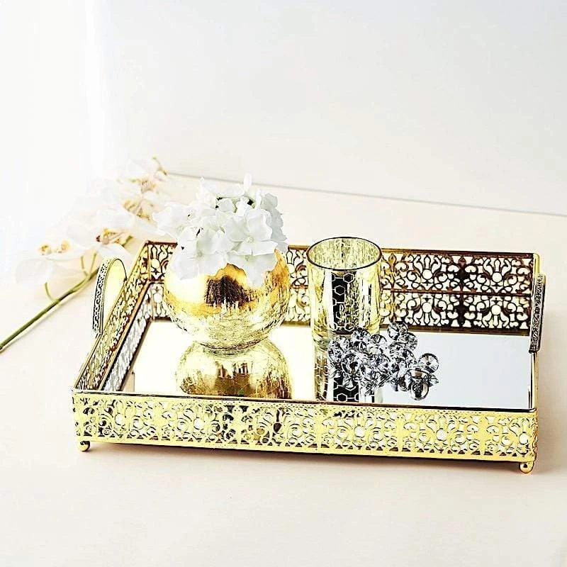 16"x12" Metal Rectangular Fleur De Lis Rim Mirror Serving Tray 15 16"x12" Metal Rectangular Fleur De Lis Rim Mirror Serving Tray - Image 13