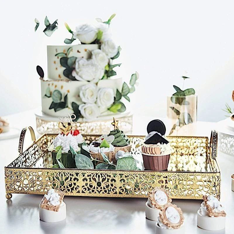 16"x12" Metal Rectangular Fleur De Lis Rim Mirror Serving Tray 14 16"x12" Metal Rectangular Fleur De Lis Rim Mirror Serving Tray - Image 12