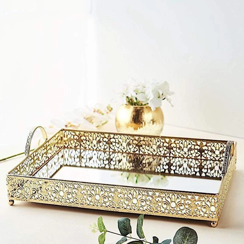 16"x12" Metal Rectangular Fleur De Lis Rim Mirror Serving Tray 20 16"x12" Metal Rectangular Fleur De Lis Rim Mirror Serving Tray - Image 18