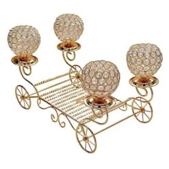 18" Cinderella Carriage Crystal Beaded Candle Holders Centerpiece - Gold