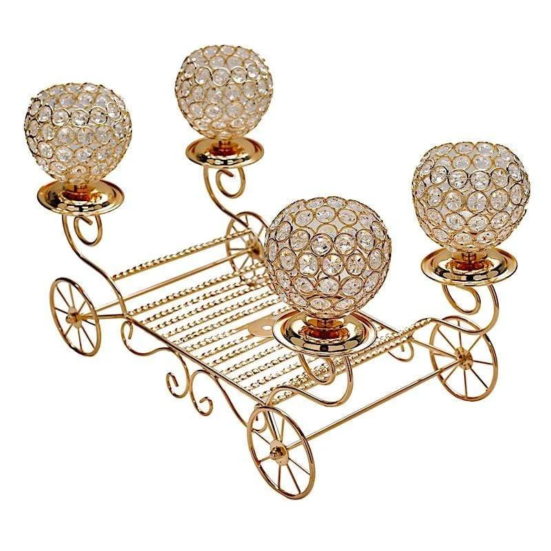 18" Cinderella Carriage Crystal Beaded Candle Holders Centerpiece - Gold 3 18" Cinderella Carriage Crystal Beaded Candle Holders Centerpiece - Gold