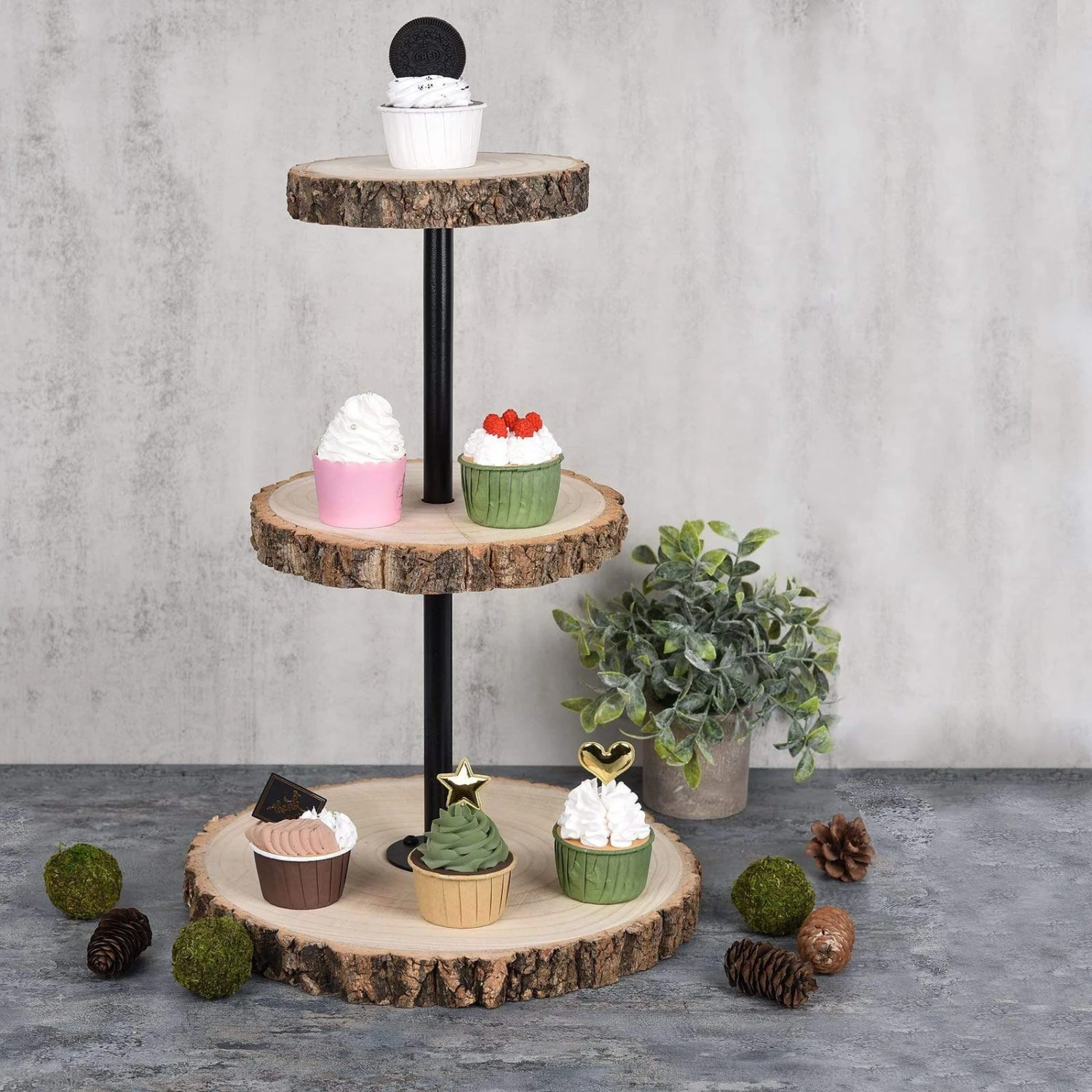 19" Tall 3 Tier Round Natural Wooden Cupcake Dessert Stand - Brown With Black 8 19" Tall 3 Tier Round Natural Wooden Cupcake Dessert Stand - Brown With Black - Image 6