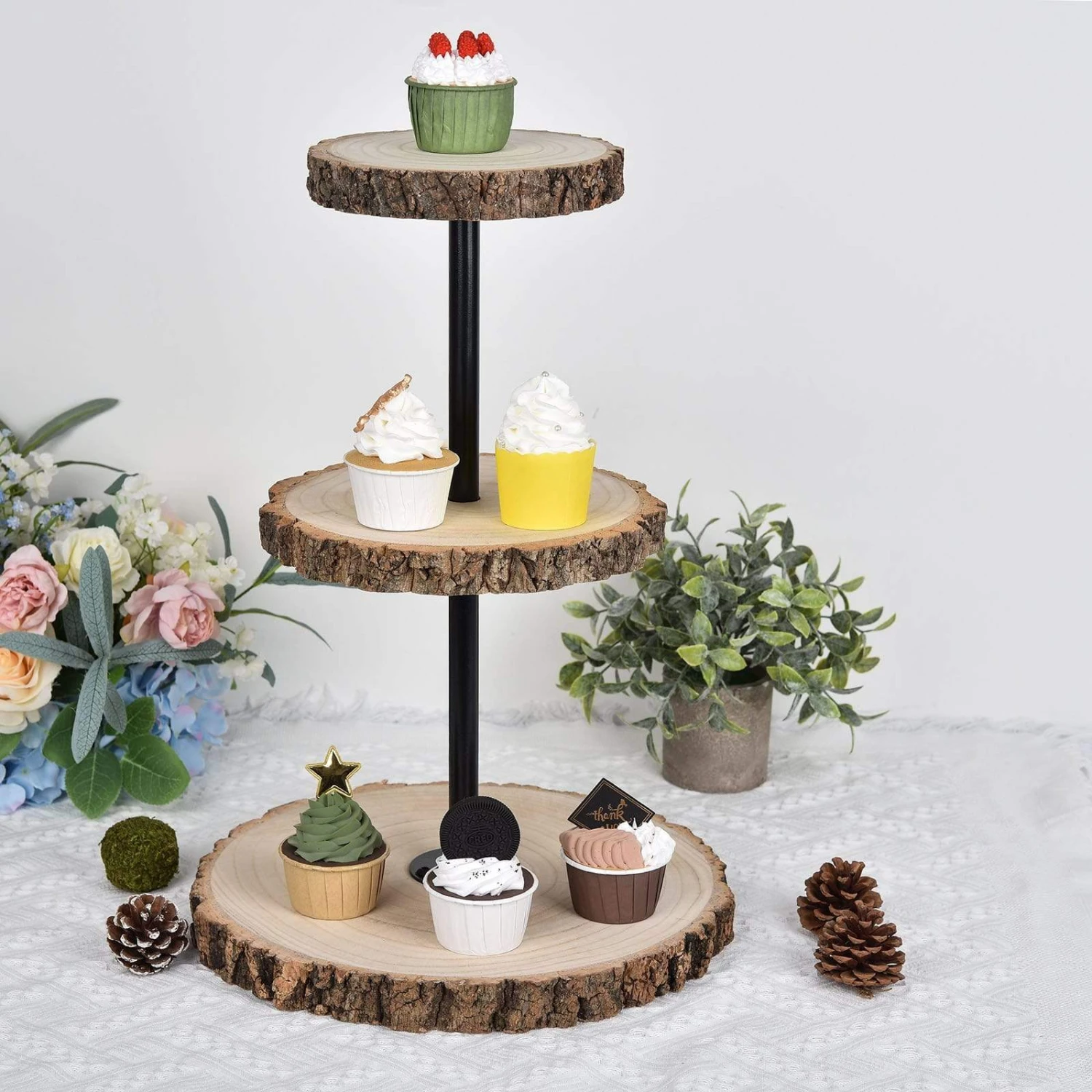 19" Tall 3 Tier Round Natural Wooden Cupcake Dessert Stand - Brown With Black 11 19" Tall 3 Tier Round Natural Wooden Cupcake Dessert Stand - Brown With Black - Image 9