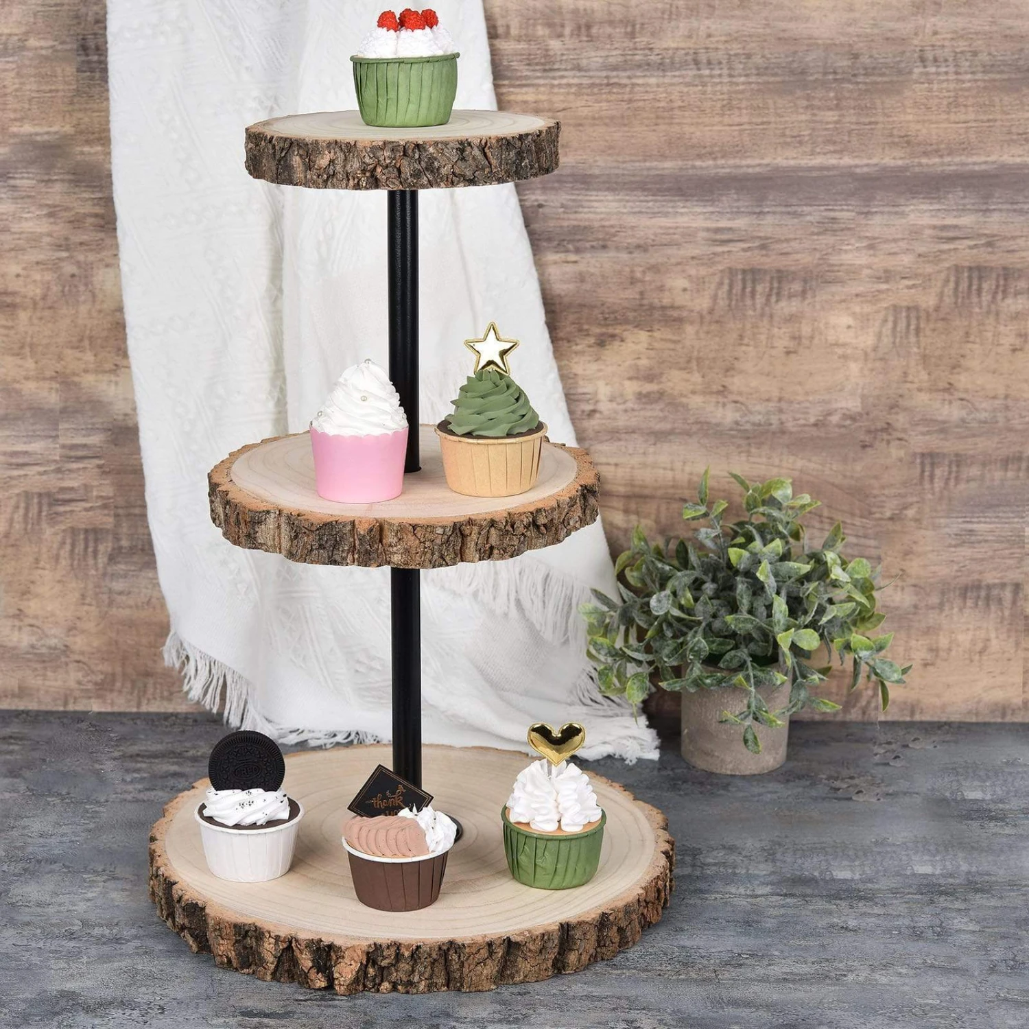 19" Tall 3 Tier Round Natural Wooden Cupcake Dessert Stand - Brown With Black 10 19" Tall 3 Tier Round Natural Wooden Cupcake Dessert Stand - Brown With Black - Image 8