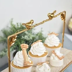 19" Tall Metal With Wood 3 Tier Cupcake Holder Dessert Stand - Gold And Natural -Optimal Home Decoration 19 tall metal with wood 3 tier cupcake holder dessert stand gold and natural cake wod005 l gold 28445430513727