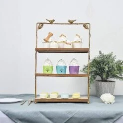 19" Tall Metal With Wood 3 Tier Cupcake Holder Dessert Stand - Gold And Natural -Optimal Home Decoration 19 tall metal with wood 3 tier cupcake holder dessert stand gold and natural cake wod005 l gold 28445430972479