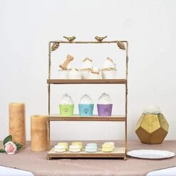 19" Tall Metal With Wood 3 Tier Cupcake Holder Dessert Stand - Gold And Natural -Optimal Home Decoration 19 tall metal with wood 3 tier cupcake holder dessert stand gold and natural cake wod005 l gold 28445431070783