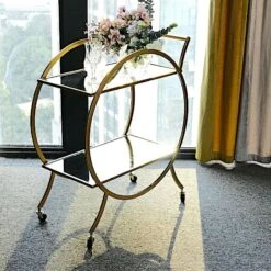 2.5 Feet Tall 2-Tier Round Metal Bar Cart With Mirror Glass Serving Trays - Gold -Optimal Home Decoration 2 5ft tall 2 tier round metal bar cart with mirror glass serving trays gold furn cart 001 gold 29500749152319