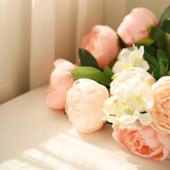2 Bushes 14 Silk Peony And 72 Hydrangeas Flowers - Light Pink And Blush -Optimal Home Decoration 2 bushes 14 silk peony and 72 hydrangeas flowers light pink and blush 28963290447935