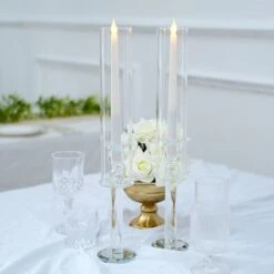 2 Crystal Hurricane Taper Candle Holders With Cylinder Glass Shades - Clear -Optimal Home Decoration 2 crystal glass wedding party centerpieces candle holders clear 30567906705471