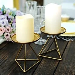 2 Geometric 5" Metal Pillar Candle Holders With Triangle Base - Gold 15 2 Geometric 5" Metal Pillar Candle Holders With Triangle Base - Gold -Optimal Home Decoration 2 geometric 5 metal pillar candle holders with triangle base gold iron cand pl002 m gold 29457285283903