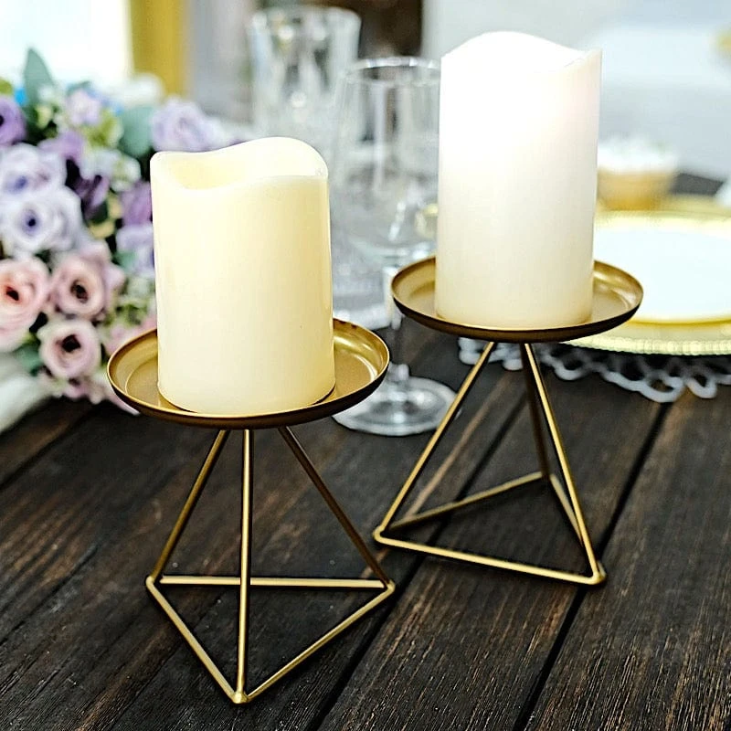 2 Geometric 5" Metal Pillar Candle Holders With Triangle Base - Gold 7 2 Geometric 5" Metal Pillar Candle Holders With Triangle Base - Gold - Image 5