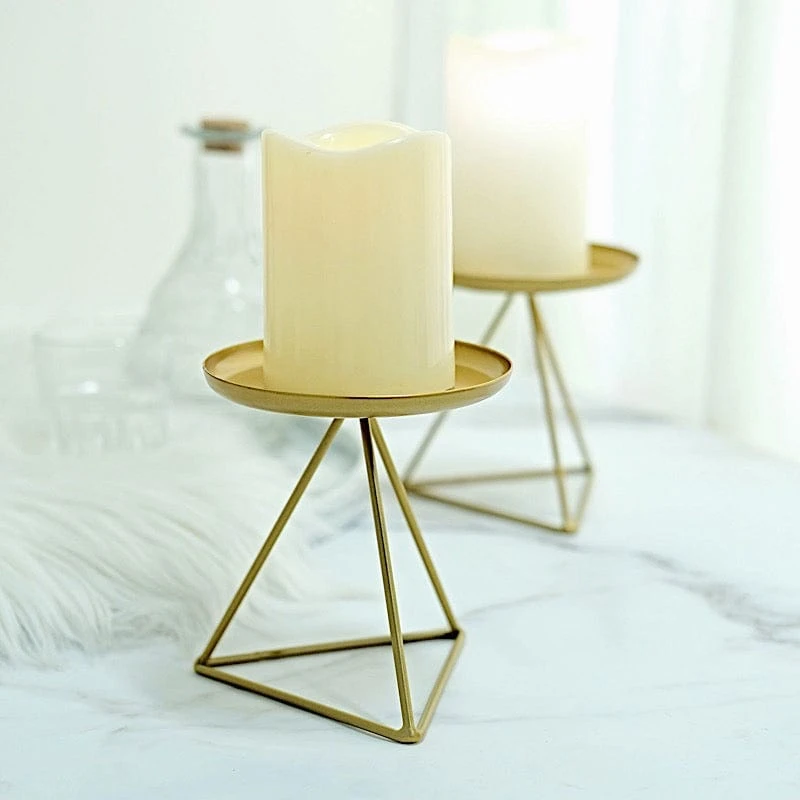2 Geometric 5" Metal Pillar Candle Holders With Triangle Base - Gold 5 2 Geometric 5" Metal Pillar Candle Holders With Triangle Base - Gold - Image 3