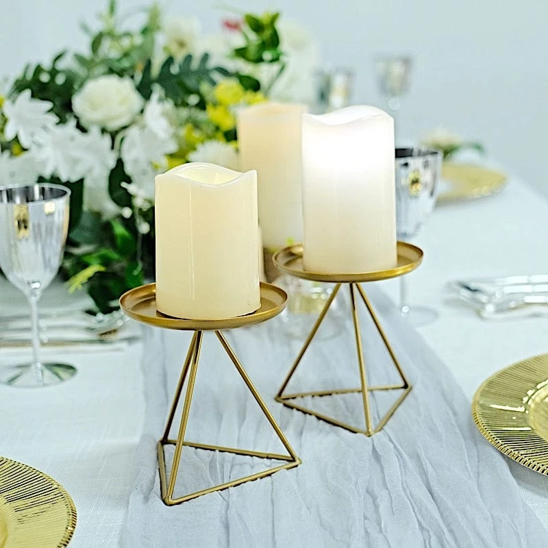 2 Geometric 5" Metal Pillar Candle Holders With Triangle Base - Gold 11 2 Geometric 5" Metal Pillar Candle Holders With Triangle Base - Gold - Image 9