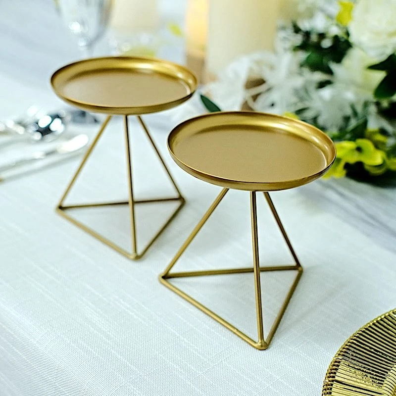 2 Geometric 5" Metal Pillar Candle Holders With Triangle Base - Gold 10 2 Geometric 5" Metal Pillar Candle Holders With Triangle Base - Gold - Image 8