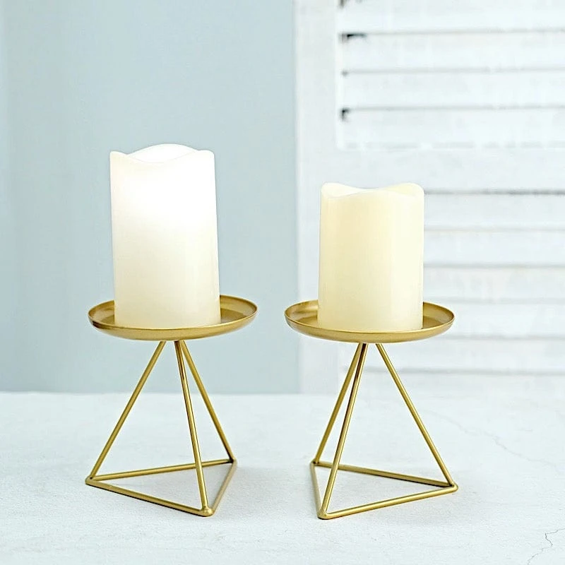 2 Geometric 5" Metal Pillar Candle Holders With Triangle Base - Gold 6 2 Geometric 5" Metal Pillar Candle Holders With Triangle Base - Gold - Image 4