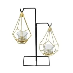 2 Geometric Design Metal Tealight Holders Lanterns With Stand - Gold And Black