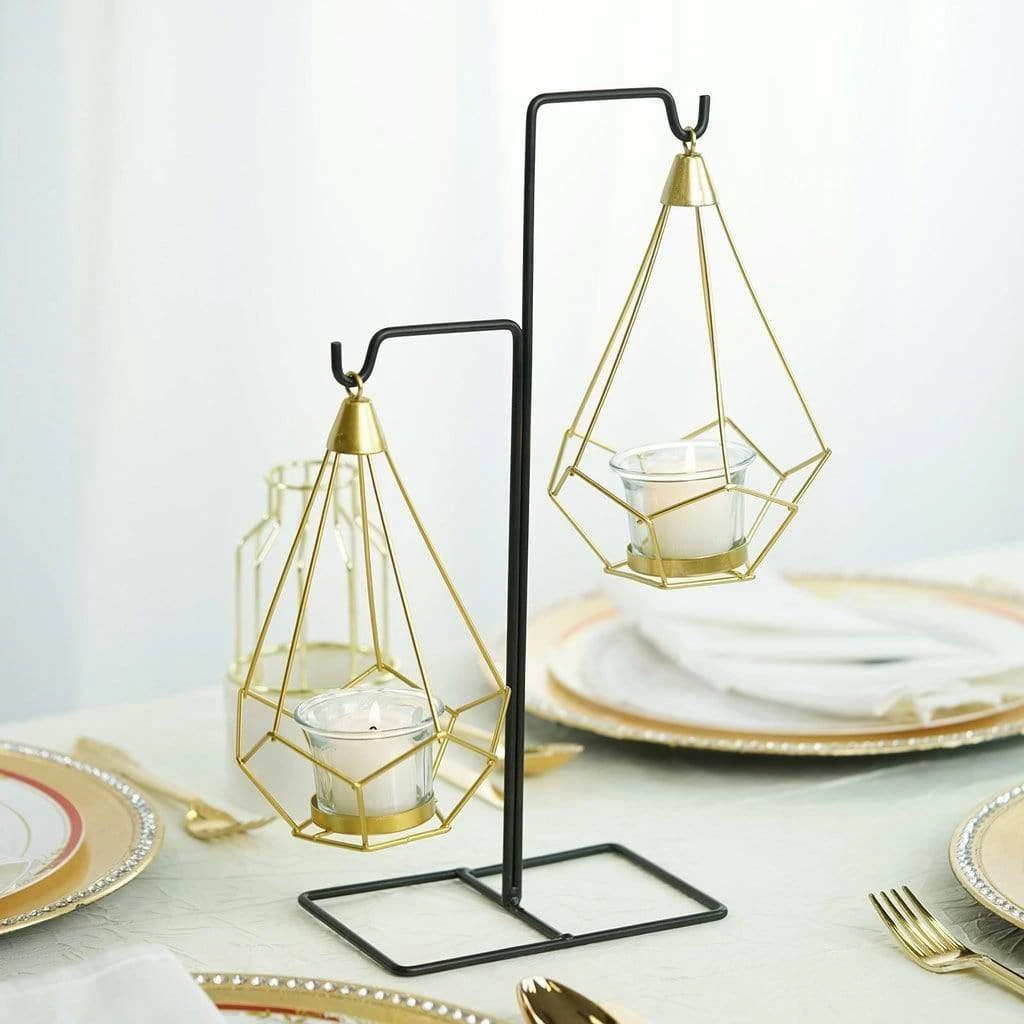 2 Geometric Design Metal Tealight Holders Lanterns With Stand - Gold And Black 5 2 Geometric Design Metal Tealight Holders Lanterns With Stand - Gold And Black - Image 3