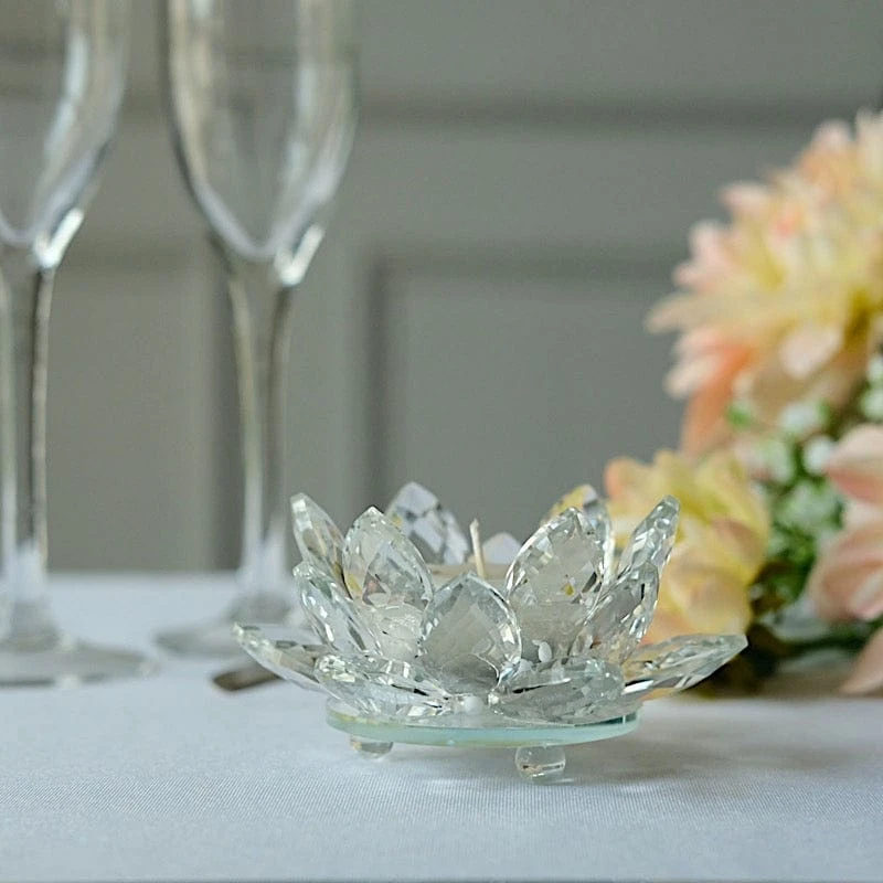 2 Lotus Flower 4.5" Crystal Glass Tealight Candle Holders - Clear 9 2 Lotus Flower 4.5" Crystal Glass Tealight Candle Holders - Clear - Image 7