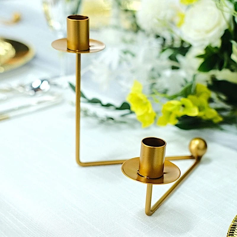 2 Metal 2 Arm Geometric Candelabra Taper Candle Holders With V-Shaped Base - Gold 6 2 Metal 2 Arm Geometric Candelabra Taper Candle Holders With V-Shaped Base - Gold - Image 4