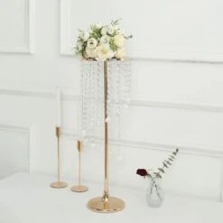 2 Metal 24" Flower Display Stands With Spiral Hanging Crystal Beads - Gold And Clear 18 2 Metal 24" Flower Display Stands With Spiral Hanging Crystal Beads - Gold And Clear -Optimal Home Decoration 2 metal 24 flower stand table centerpiece with spiral hanging beads gold chdlr 068 24 gold 31049918414911
