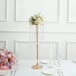 2 Metal 24" Flower Display Stands With Spiral Hanging Crystal Beads - Gold And Clear 21 2 Metal 24" Flower Display Stands With Spiral Hanging Crystal Beads - Gold And Clear -Optimal Home Decoration 2 metal 24 flower stand table centerpiece with spiral hanging beads gold chdlr 068 24 gold 31049918447679