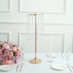 2 Metal 24" Flower Display Stands With Spiral Hanging Crystal Beads - Gold And Clear 22 2 Metal 24" Flower Display Stands With Spiral Hanging Crystal Beads - Gold And Clear -Optimal Home Decoration 2 metal 24 flower stand table centerpiece with spiral hanging beads gold chdlr 068 24 gold 31049918480447