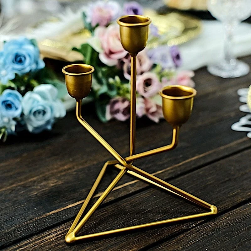 2 Metal 3 Arm Geometric Candelabra Taper Candle Holders With Triangle Base - Gold 5 2 Metal 3 Arm Geometric Candelabra Taper Candle Holders With Triangle Base - Gold - Image 3