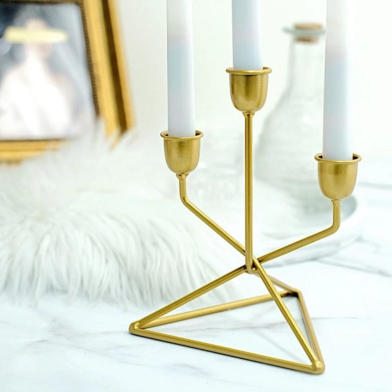2 Metal 3 Arm Geometric Candelabra Taper Candle Holders With Triangle Base - Gold 8 2 Metal 3 Arm Geometric Candelabra Taper Candle Holders With Triangle Base - Gold - Image 6