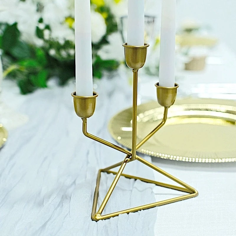2 Metal 3 Arm Geometric Candelabra Taper Candle Holders With Triangle Base - Gold 10 2 Metal 3 Arm Geometric Candelabra Taper Candle Holders With Triangle Base - Gold - Image 8