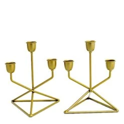 2 Metal 3 Arm Geometric Candelabra Taper Candle Holders With Triangle Base - Gold