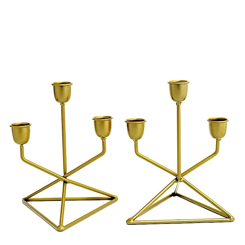 2 Metal 3 Arm Geometric Candelabra Taper Candle Holders With Triangle Base - Gold 3 2 Metal 3 Arm Geometric Candelabra Taper Candle Holders With Triangle Base - Gold