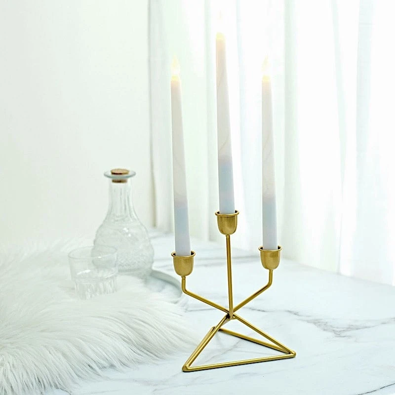 2 Metal 3 Arm Geometric Candelabra Taper Candle Holders With Triangle Base - Gold 9 2 Metal 3 Arm Geometric Candelabra Taper Candle Holders With Triangle Base - Gold - Image 7